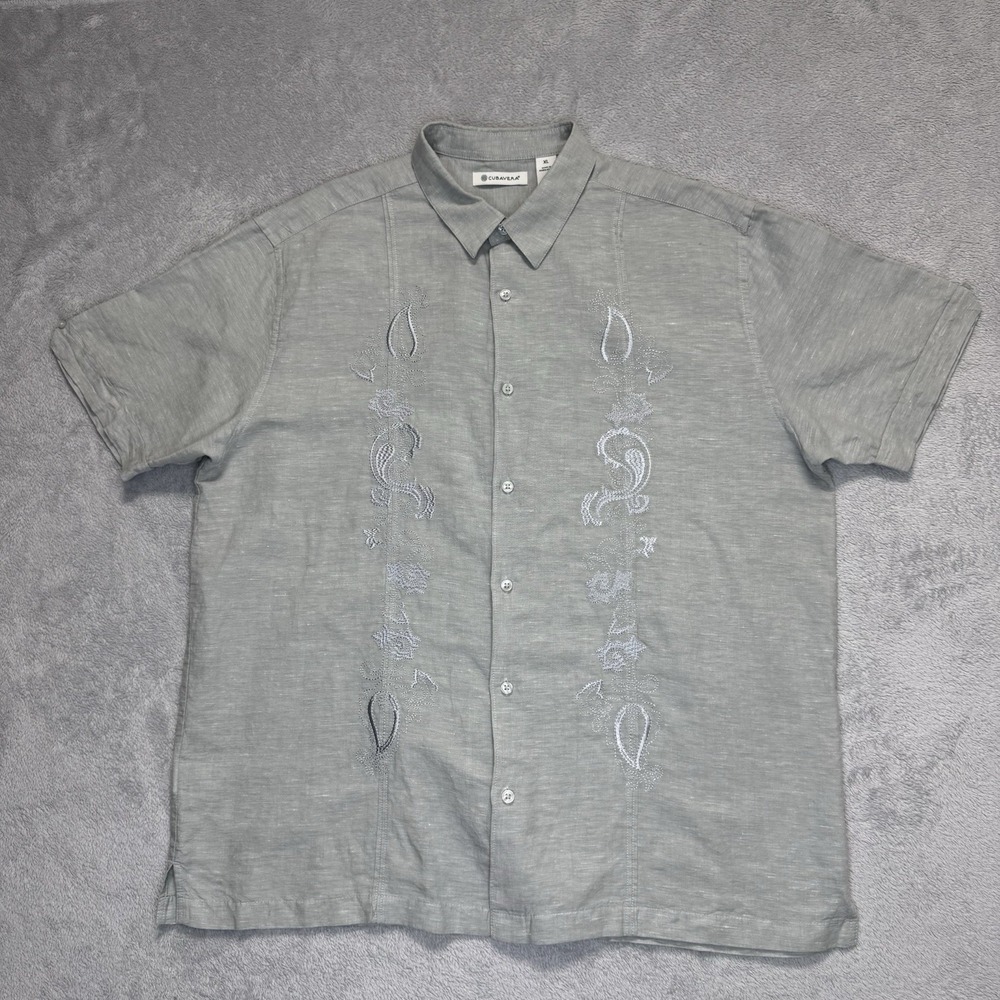 Cubavera Mens XL Gray Embroidered Guayabera Short Sleeve Button Up Shirt